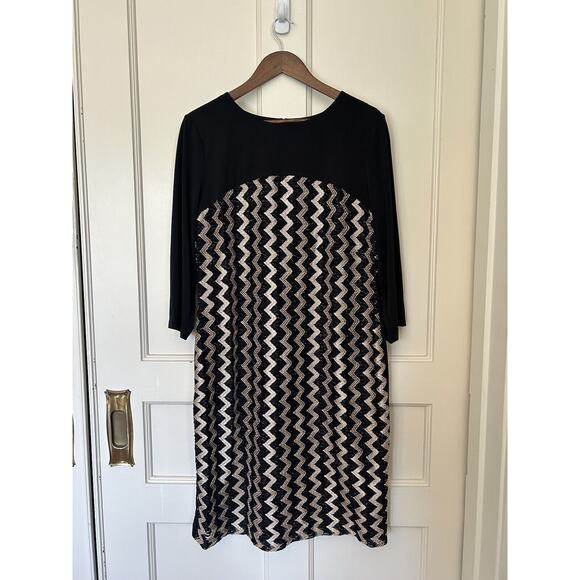Chico's Chevron Metallic Dress Womens Size XL Black Gold Sheath Knee Length NWT - Picture 1 of 11